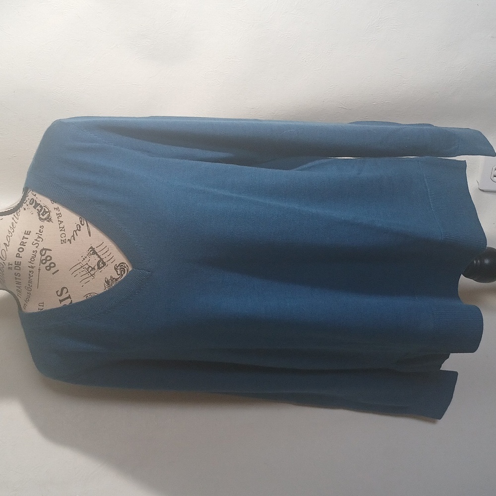 Katherine Barclay Women's V-Neck Sweater - Teal Extra Fine Merino Wool Size L